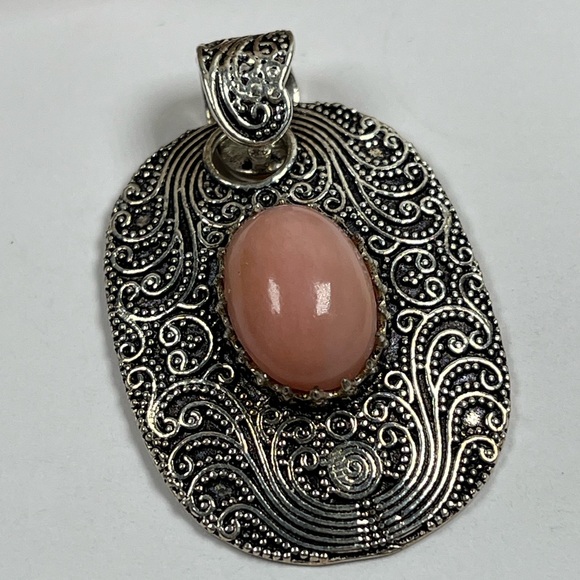 925 Sterling Silver Overlay Pink Opal Gemstone Statement Pendant - Picture 7 of 7